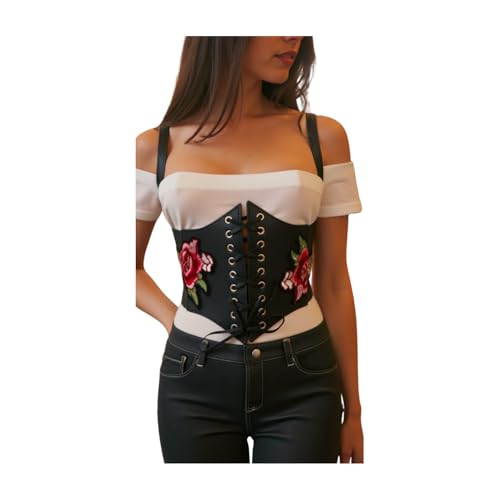 Women Black Corset Fashion Belt - Wide Elastic Waistband Red Rose Flower Size S M