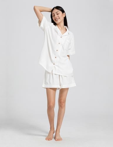 Image of Womens Muslin Pajama Sets 100% Cotton Double Gauze Linen Like Short | Breathable Soft Comfort Button Up Loungewear Sleepwear PJ Set
