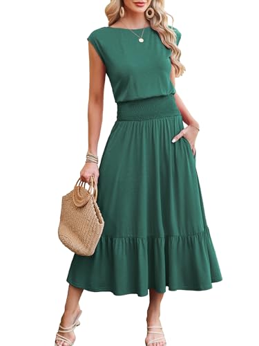 Image of Kikibell Womens Summer Dresses Cap Sleeve Elastic Waist Midi Dress with Pocket Long Causal Sundress Beach Vacation Outfits