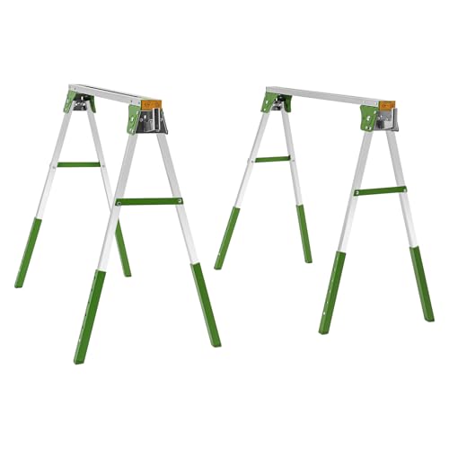 Set of 2 Adjustable Telescopic Builders Trestle, DIY Steel Work Bench Carpenter, Portable Workshop & Construction Support, Folding Saw Horse Tools (Green)