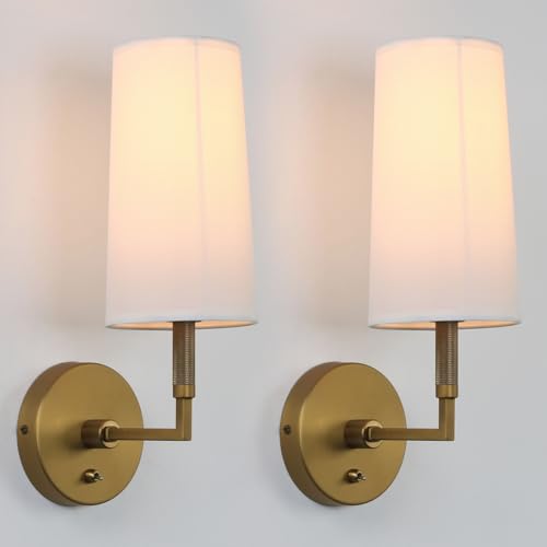 Image of Brass Wall Sconces Set of Two, Hardwired White Fabric Shade Wall Lamps, Bathroom Vanity Lights Fixture with Switch, Indoor Wall Lights for Bedroom Living Room Corridor