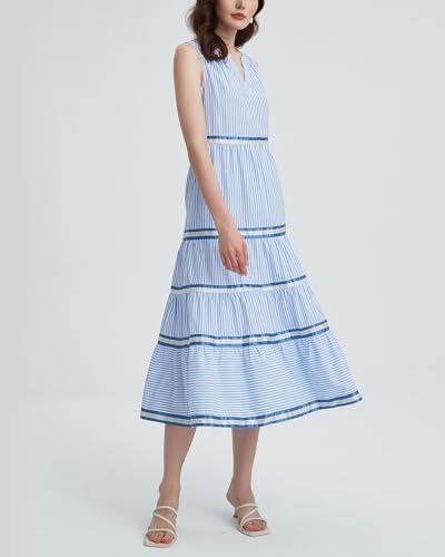 Women's Sleeveless Striped Tiered Maxi Dress Casual V Neck A Line Long Flowy Beach Dress3