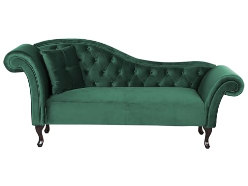 Beliani Chaise Longue tapizado en Terciopelo Verde Oscuro Acolchado capitoné versión Izquierda con cojín Lattes