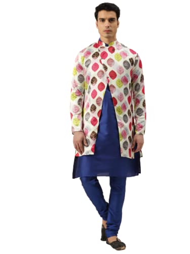 Image of SOJANYA (Since 1958 Men's Silk Blend Royal Blue Kurta Pyjama & Silk Blend Sherwani Set