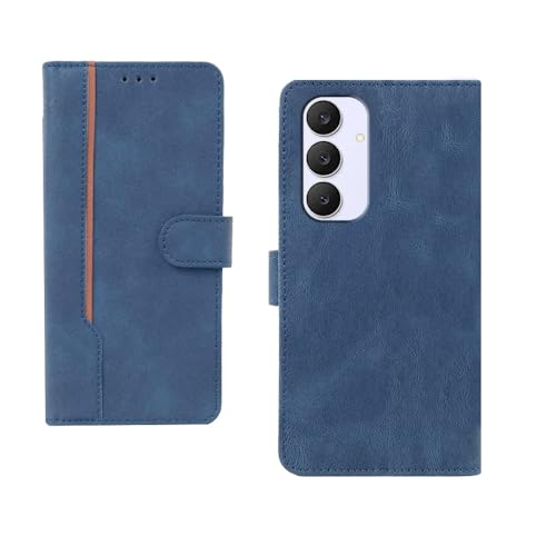 Image of amazon basics Samsung Galaxy S25FE 5G Flip Cover | Card Pockets Wallet & Stand | Flip Cover for Samsung Galaxy S25FE 5G (Blue with Beige Strip)