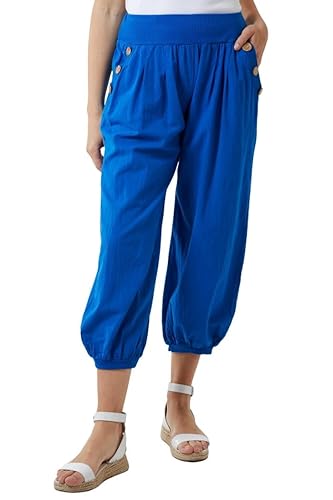 STAR FASHION Hareem Bottom Pants for Womens 3 Button Pocket Detail Harem Pant Ladies Elastic Waist Ankle Cuffed Cotton Trousers Jogging Bottoms-Royal Blue