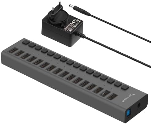 SABRENT 16-Port USB Hub Aktiv mit Netzteil – 90W USB Ladegerät Mehrfach mit Schaltern, Mount Bracket – 2-in-1 USB Ladestation & Aktiver Powered Hub 3.2x1, Charger für Handy, Laptop