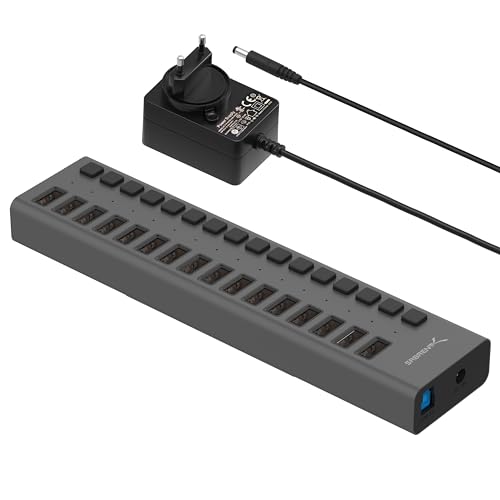 SABRENT 16-Port USB Hub Aktiv mit Netzteil &ndash; 90W USB Ladeger&auml;t Mehrfach mit Schaltern, Mount Bracket &ndash; 2-in-1 USB Ladestation & Aktiver Powered Hub 3.2x1, Charger f&uuml;r Handy, Laptop, PC, usw (HB-PU16)