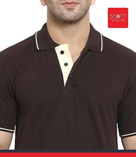 Image of Scott International Men's Regular Fit Half Sleeve Organic Cotton Polo T-Shirt (SS20-SP21-S Coffee Brown with White Small)