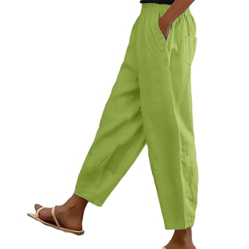 Image of Cotton Linen Trouser Women UK Solid Color Elasticated Waist Trouser Ladies Summer Lounge Pants Loose Fit Full Length Pant Casual Straight Leg Bottoms with Pockets Casual Holiday Beach Joggers Green