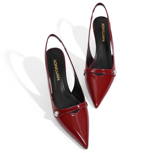 Image of Women Kitten Heels Slingback Low Heel Pumps Dress Shoes for Women Closed Pointed Toe Pearl Heels for Work Wedding Bridal