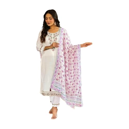Image of Shiv Textiles Women's Chanderi Silk Embroidered Kurta Pant Dupatta Set(JDA-FALGUNI-WHITE-2XL)
