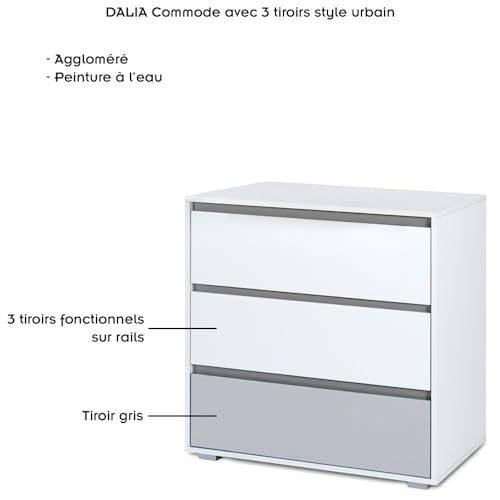 Little Sky Commode Dalia 3 Tiroirs - Blanc - L 80 Cm X L 81 Cm X P 45 Cm – vue 2