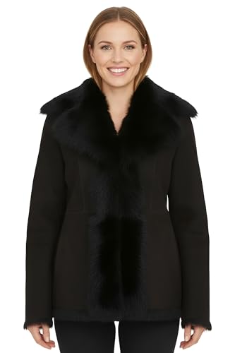 Infinity Leather Abrigo Toscana de piel de oveja negra de longitud media para mujer, chaqueta de ante y merino.