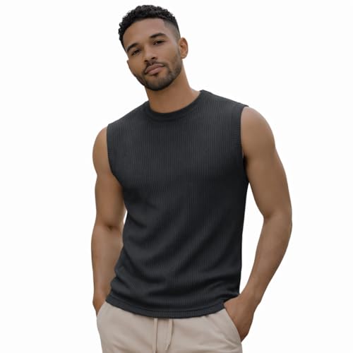 Grewear Mens Casual Tank Tops Vest Knit Sleeveless Shirt Stretchy Soft Breathable Fabric Slim Fit Pullover Summer Muscle Tee Lightweight Comfortable Daily Streetwear Charcoal-M