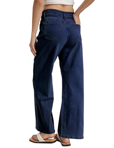 Demoking Wide Leg Jeans for Women Hight Waist Baggy Straight Leg Denim Pants Stretchy Trendy with Belt Dark Blue S — view 6