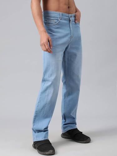 Image of KOTTY Men's Solid Scorpion Grass Blue Button Straight Fit Jeans