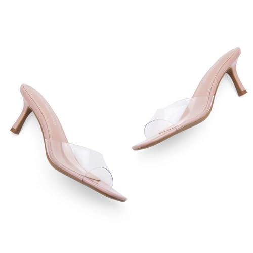 Image of Shoe Land Women's Low Heels Stiletto Heeled Slides, Open Toe One Band Slip-On Heeled Mules - Dressy Heeled Sandals for Prom, Party Wedding and Vacation