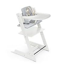 كرسي مرتفع ووسادة من Stokke Tripp Trapp مع صينية - أبيض مع أزرق نورديك - كرسي مرتفع قابل للتعديل والتحويل ومتكامل للأطفال الرضع والأطفال الصغار