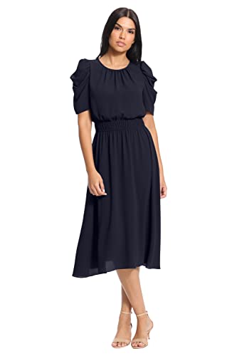 London Times Women's Caterpillar Puff Sleeve Midi Gathered Waist A-Line Flowy Summer Dress Vestido, Azul Marino, 40 para Mujer