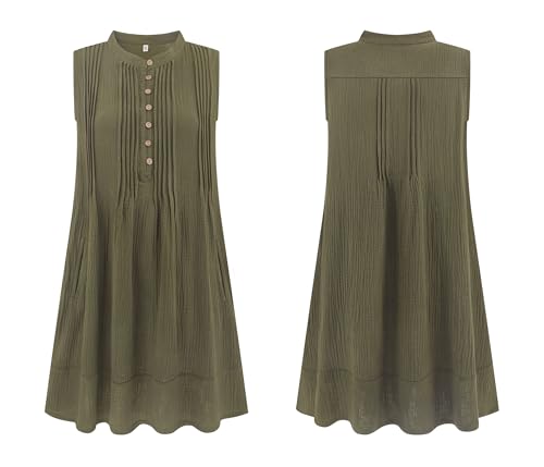 Image of R.Vivimos Sleeveless Cotton Casual Dresses for Women Summer 2026 Button Up Ruched Loose Tunic Mini Dress with Pockets
