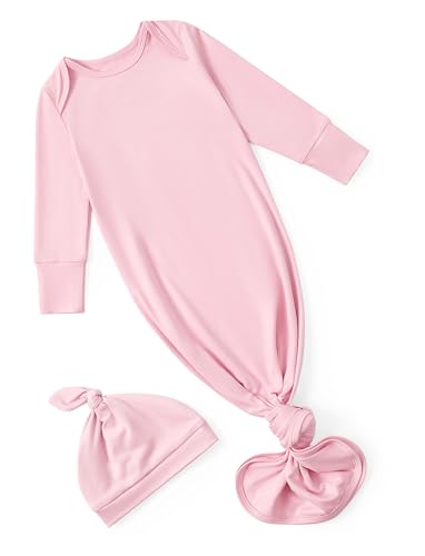 PATPAT Baby Sleeper Gown with Hat for Newborn Knotted Baby Gown with Fold-Over Mittens for Infant Girl Boy Home Coming Gift Pink 0-3 Months