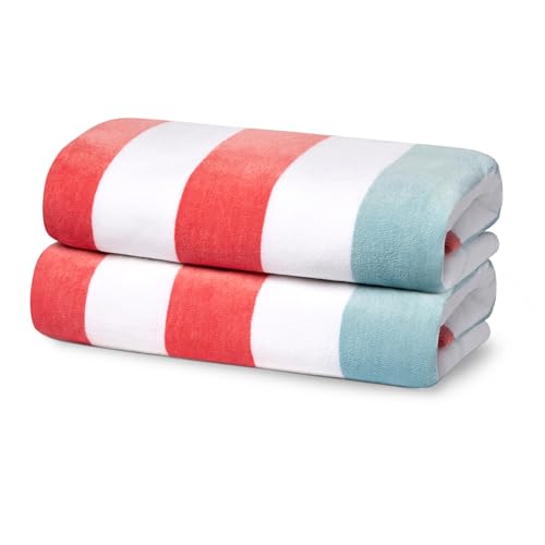Kaufman - Soft Oversized 2-Pack| 35' x 70' Velour Tonal Striped Beach Towels | Absorbent, Quick-Drying | 100% Cotton Thick Beach Towels (Coral-sea)
