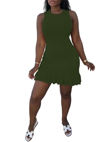 Image of Nimsruc Women Summer Tank Dresses Sleeveless Crew Neck Casual Bodycon Mini Dress with Ruffle Hem