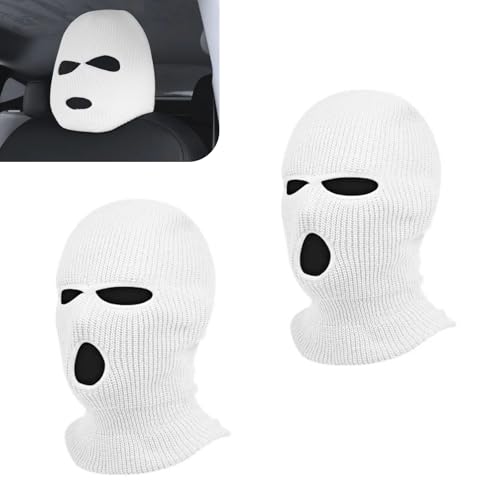 Zeathery 2 PCS Car Headrest Cover, Personalized Fun Full Face Car Headrest Protector, Ski Mask Wrap Protection, Car Front Seat Head Rest Protectors, Universal for Most Cars, SUVs, Trucks (White)