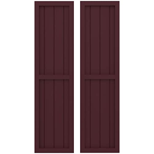 14"W x 53"H Americraft Four Board Exterior Real Wood Two Equal Panel Framed Board-n-Batten Shutters (Per Pair), Wine Red