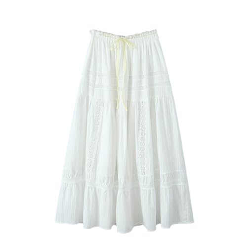 Women Holiday Embroidery Hollow Lace Ribbon Elastic Waist Skirt Ankle Length Long A-Lined Swing Skirts
