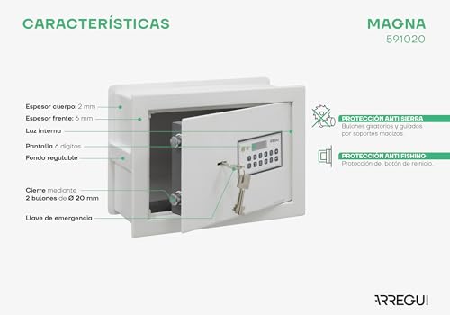 ARREGUI Magna 591020 Einbautresor mit Code und Schlüssel, doppelte Sicherheit mit ausziehbarem Boden für Geld, elektronischer Wandsafe für Zuhause oder Büro, 26 x 36 x 15-25 cm, 14-23 l