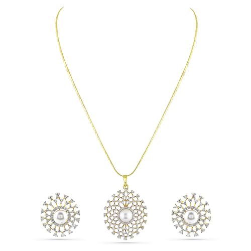 Image of Rubans Pendant Necklace Set American Diamond and Zirconia Gift Jewellery for Women & Girls