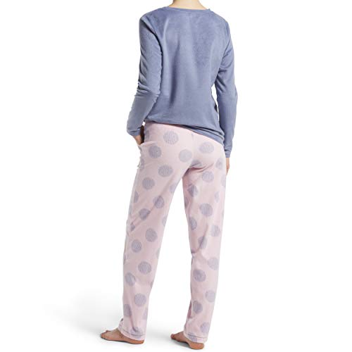 HUE Women's Sueded Fleece Long Sleeve Tee and Pant 2 Piece Pajama Set, Blue ice - Vacation Forever, Large