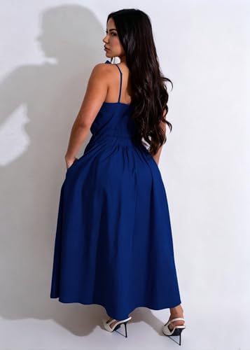 Image of YUEWOO Midi Dresses for Women Casual Summer Sundresses Vacation Outfits Spaghetti Strap Smocked Women Maxi Dress with Pockets