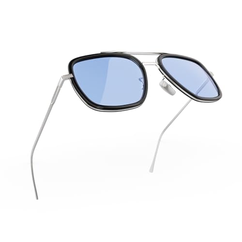 Image of Polarized Sunglasses for Men Women Vintage UV400 Classic Iron-Inspired Hero Style Pilot Sunglasses Fashion Square Metal Frame (Silver Frame /Blue Lens)