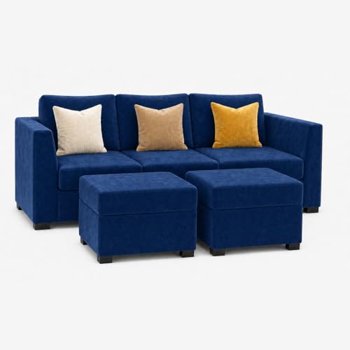 Image of FURNY Revona 5 Seater L Shape Sofa Set with 2 Movable Ottoman | Flexible Left or Right Layout | Plush Velvet Fabric (Dark Blue) | Perfect for Living Room, Guest Room & Office