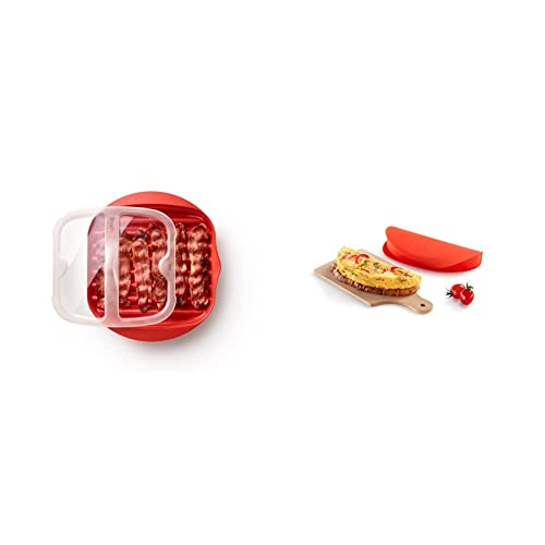 Lékué Microwave Bacon Cooker, Rojo, 28.2x6x24.9 cm & Recipiente para cocinar tortillas francesas en microondas, color rojo
