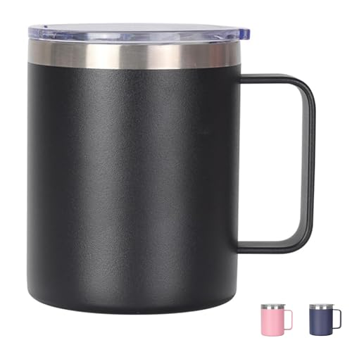 Image of Shunshi Thermal Mug, Insulated Coffee Mug with Handle and Sliding & Straw Lid, Leakproof Reusable Double Walled Vacuum Stainless Steel Travel Camping Cafe Tumbler Cup,Dishwasher Safe (Black, 12 oz)