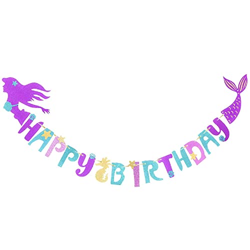 Image of WP WANNA PARTY Wanna Party Glitter Mermaid Birthday Banner Mermaid Party Supplies Favors Decoration Magical Under The Sea Birthday Party Pennant Garland for Girls, Kids and Baby, Blue