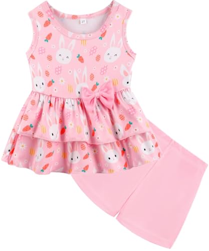 Image of Girls 2 Piece Outfit Summer Short Set Sleeveless Bow Knot Tank Top and Shorts Cute Clothes for Toddler Girls