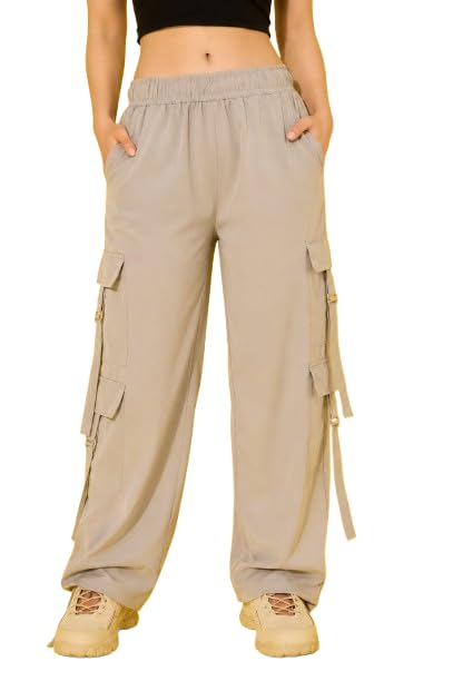 Akso Women's Wide Leg Cargo Trouser | Light Beige | Elastic Waist | Multi-Pocket Casual Style-image-23