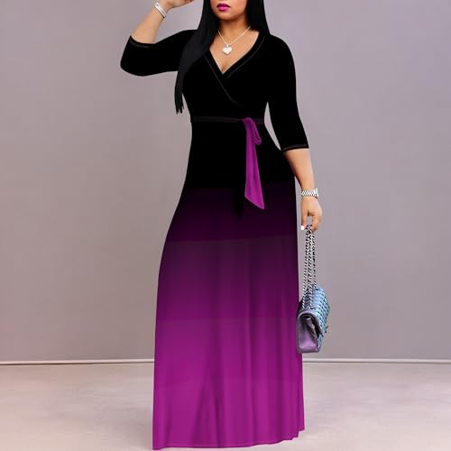 Image of PinkPatty Women's Plus Size Maxi Dress Casual 3 /4 Sleeve Dress with Belt | Soft stretch feel, printed style, flowy A-line fit, v neck, waist tie, side pockets, for vacation, party and daily wear