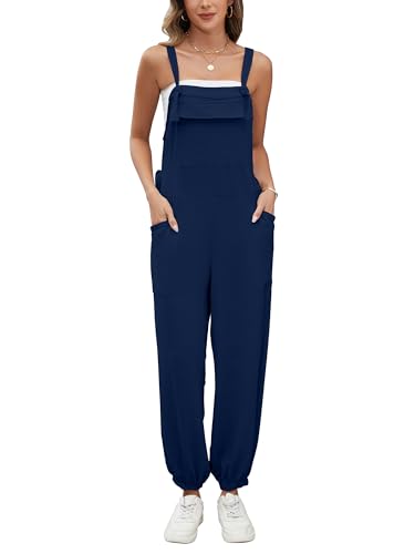 Gardenwed Women's Casual Loose Fit Overalls, Elastic Ankle Cuffs Adjustable Straps Jumpsuit with Pockets Navy Small