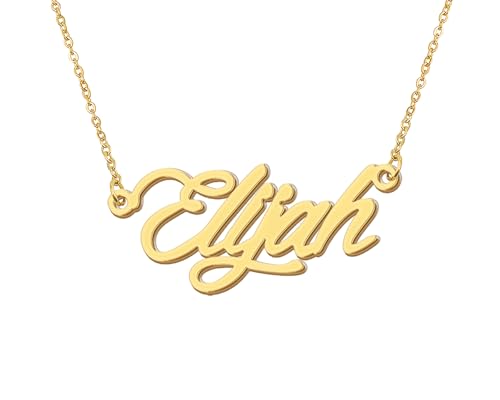 Aoloshow 18k Gold Plated Elijah Name Charm Necklace Stainless Steel Womens Mens Nameplate Jewelry for Christmas