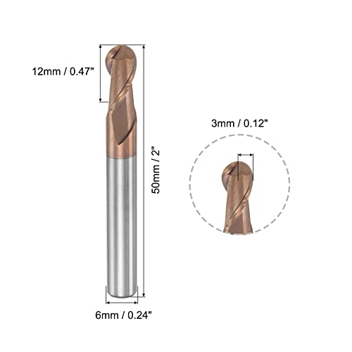 Image of uxcell Ball Nose End Mill 3mm Tip Radius Solid Carbide AlTiSin Coated CNC Router Bits 2 Flute Spiral Milling Cutter HRC55 with 6mm Shank 50mm (2-inch) Length