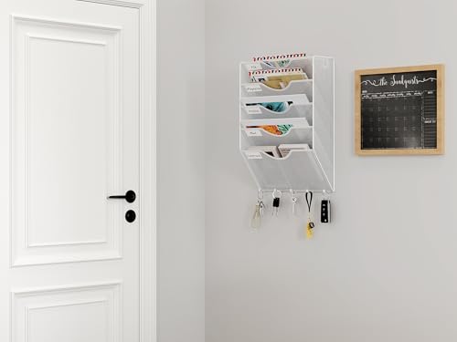EasyPAG Uchwyt Ścienny na Dokumenty A4 5 Przedziały Metal Siatka,Ścienny Stojak na Pocztę,Wiszący Organizer na Dokumenty,Przechowywanie Czasopism z 5 Haczyki do Biura & Domu,Biały