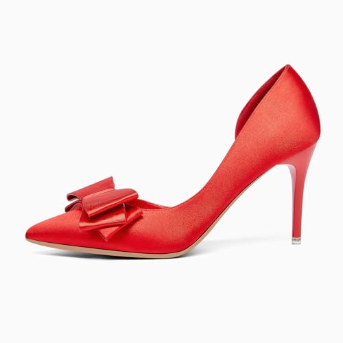 Image of Womens Bow Heels Closed Pointed Toe Dress Shoes Stiletto Slip on Wedding Pumps