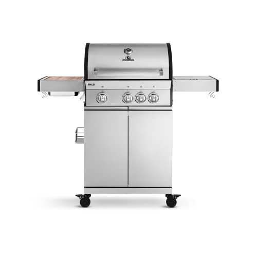 BURNHARD Barbecue a gas a 3 fuochi Deluxe con bruciatore ceramico a infrarossi a 900°C e piano di cottura laterale, carrello per barbecue in acciaio inox da 13,5 kW con tavolini pieghevoli