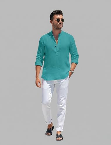 Image of Men's Cotton Blend Straight Kurta Shirt with Mandarin Collar - Slim Fit Casual Short Kurti Featuring Textured Slub Fabric and Roll-Up Full Sleeves